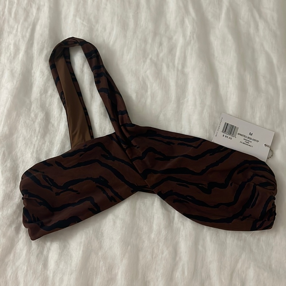 WeWoreWhat asymmetrical cross over bathing suit top in tiger stripe
